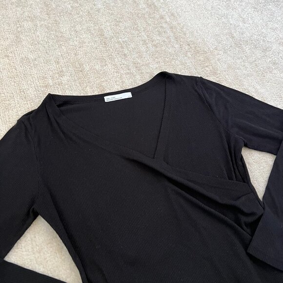 Oak + Fort Long Sleeve Black Faux Wrap Ribbed Knit Top M Asymmetric - Picture 3 of 9
